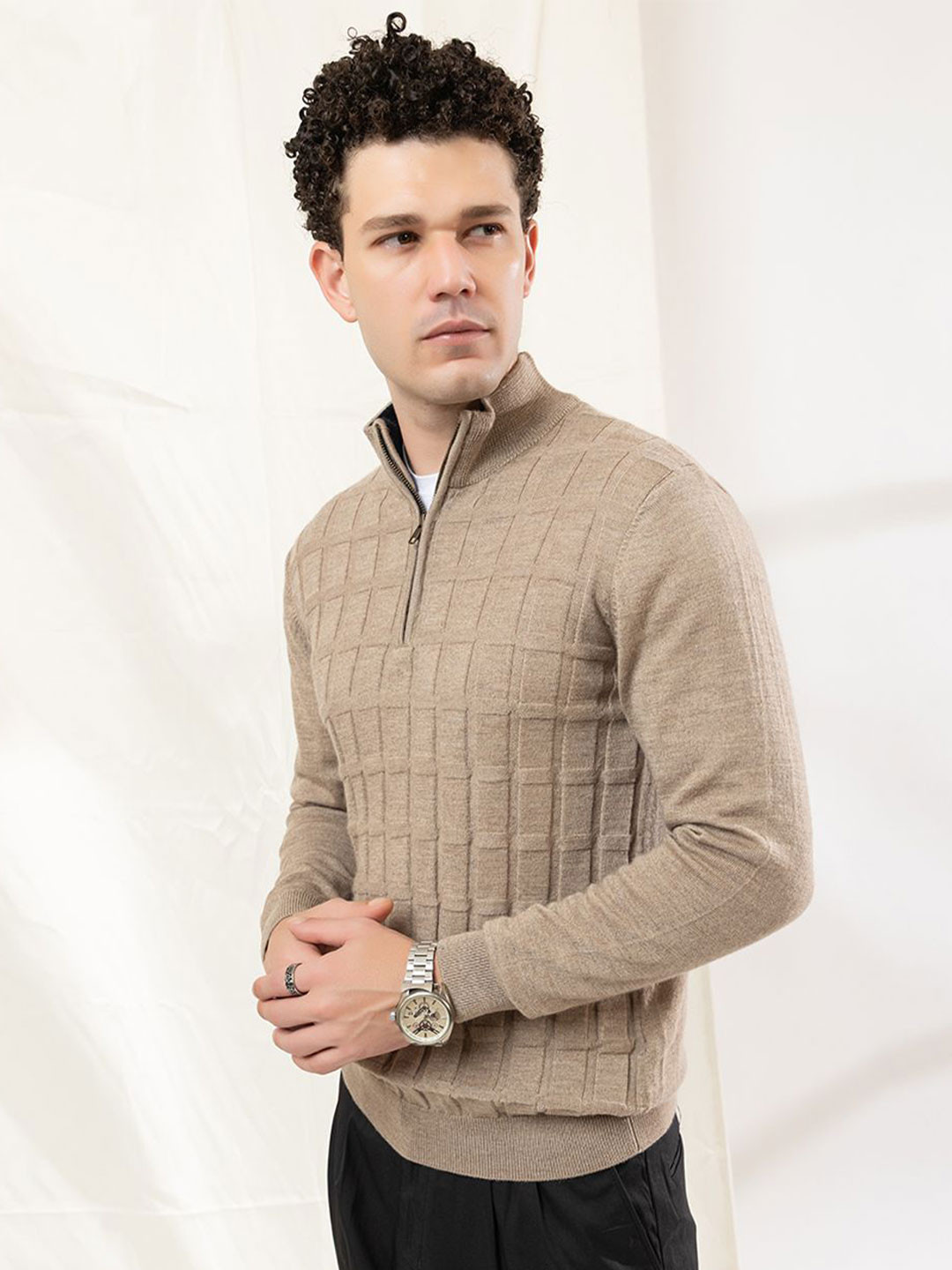 ARMISTO Men Woollen Checked Self Design Half Zip Mock Neck Full Sleeve Pullover