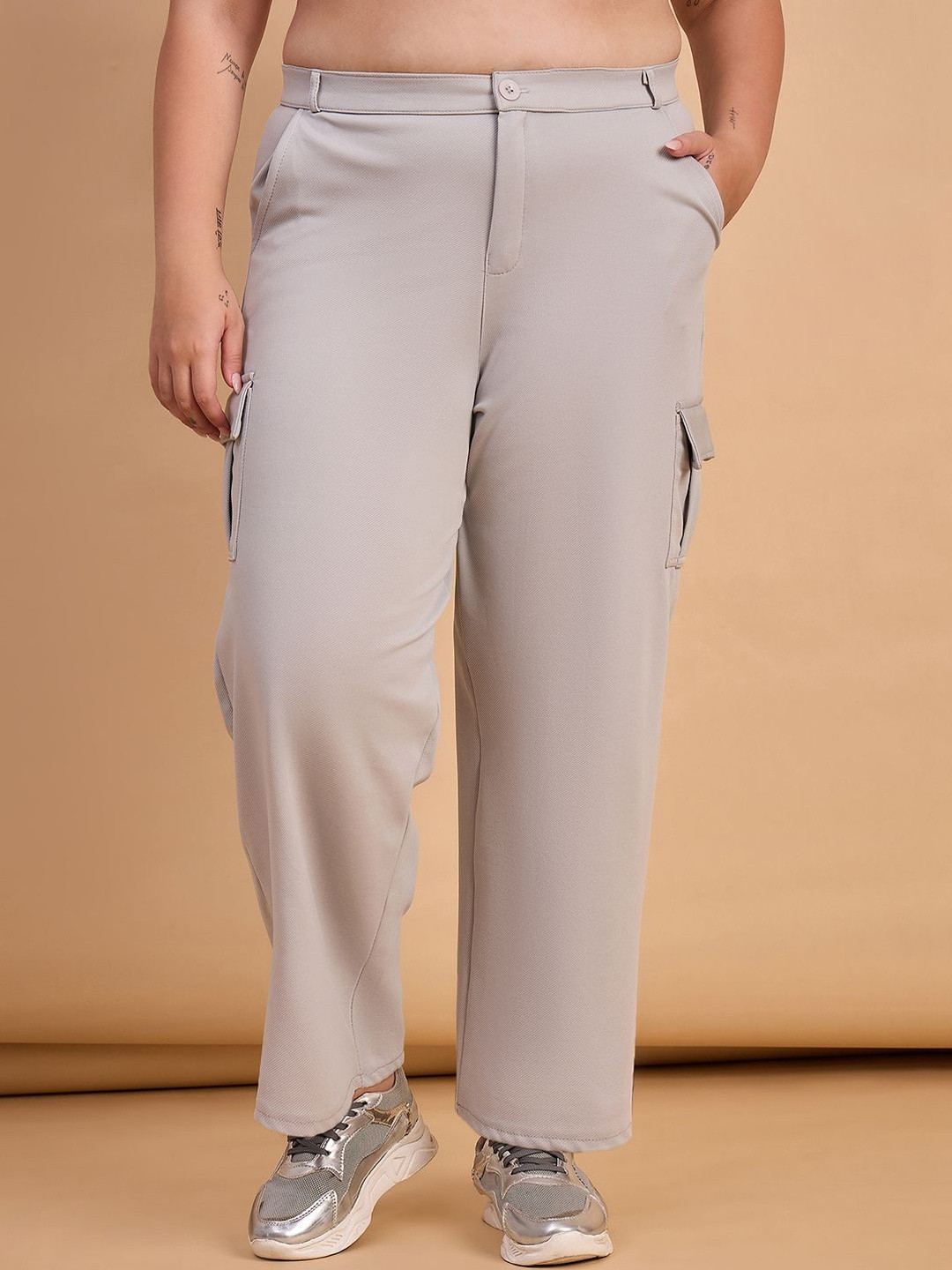 Roadster Women Grey Relaxed High-Rise Polyester Plus Size Cargo Trouser
