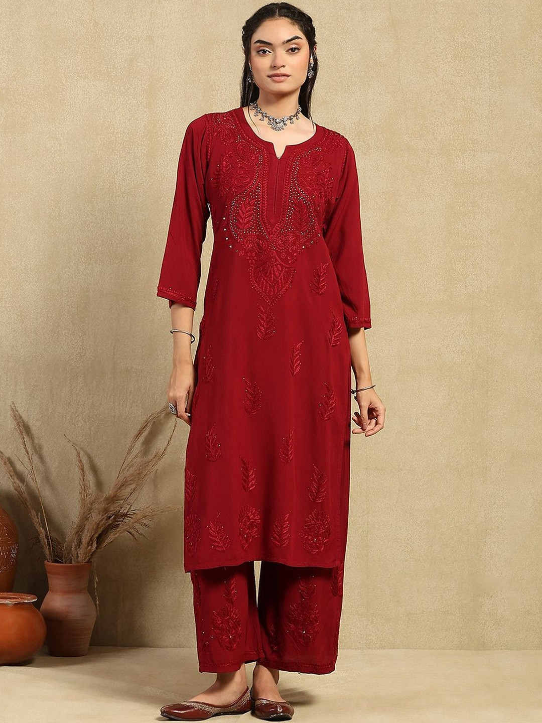 House of Chikankari Women Chikankari Mukaish Solid Kurta Sets