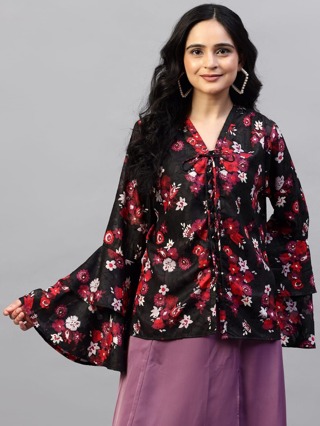 HIRDAY CREATION Women Floral Printed V- Neck Bell Sleeve Layered Regular Top