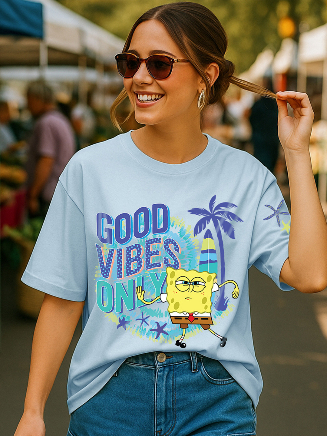 Bewakoof Official Spongebob Merchandise Sponge Bob Graphic Printed Oversized T-shirt