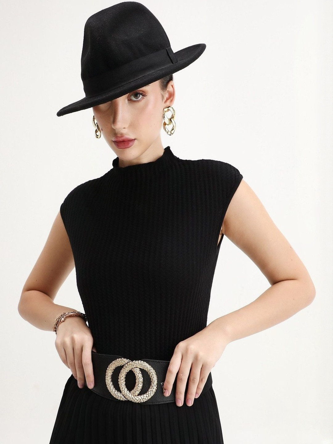 RAREISM Women Ribbed High Neck Cap Sleeve Top