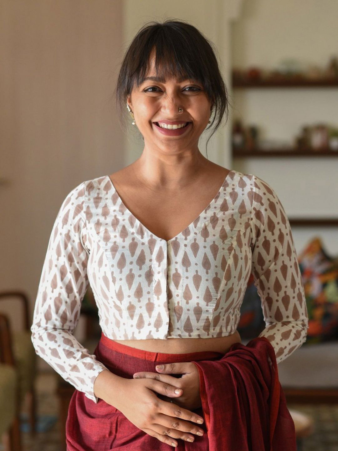 Suta Women White Printed V-Neck Cotton Blouse