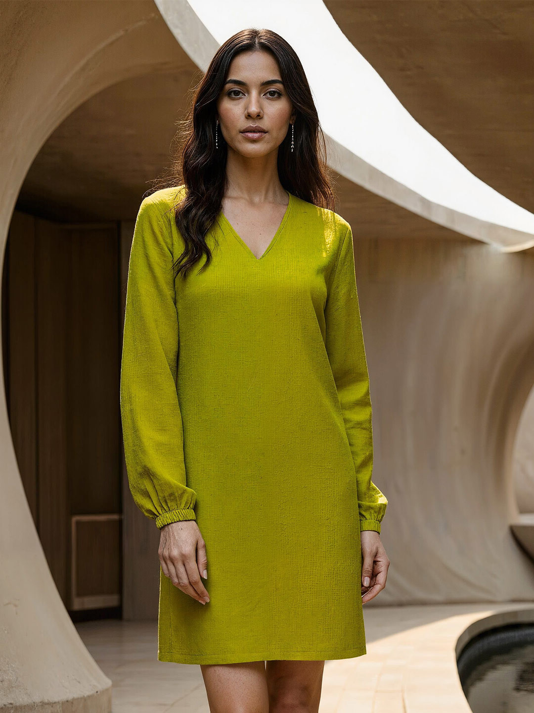 Naava V-Neck Puff Sleeves Cotton A-Line Dress