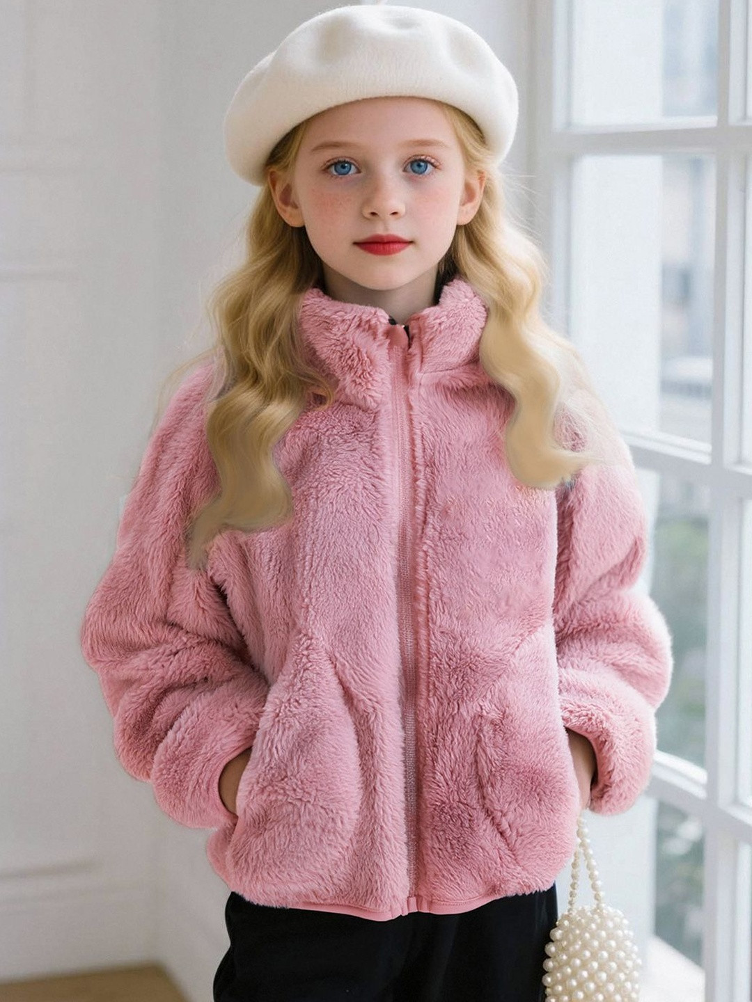 YK Girls Pink Stand Collar Fleece Full Sleeves Open Front Jacket