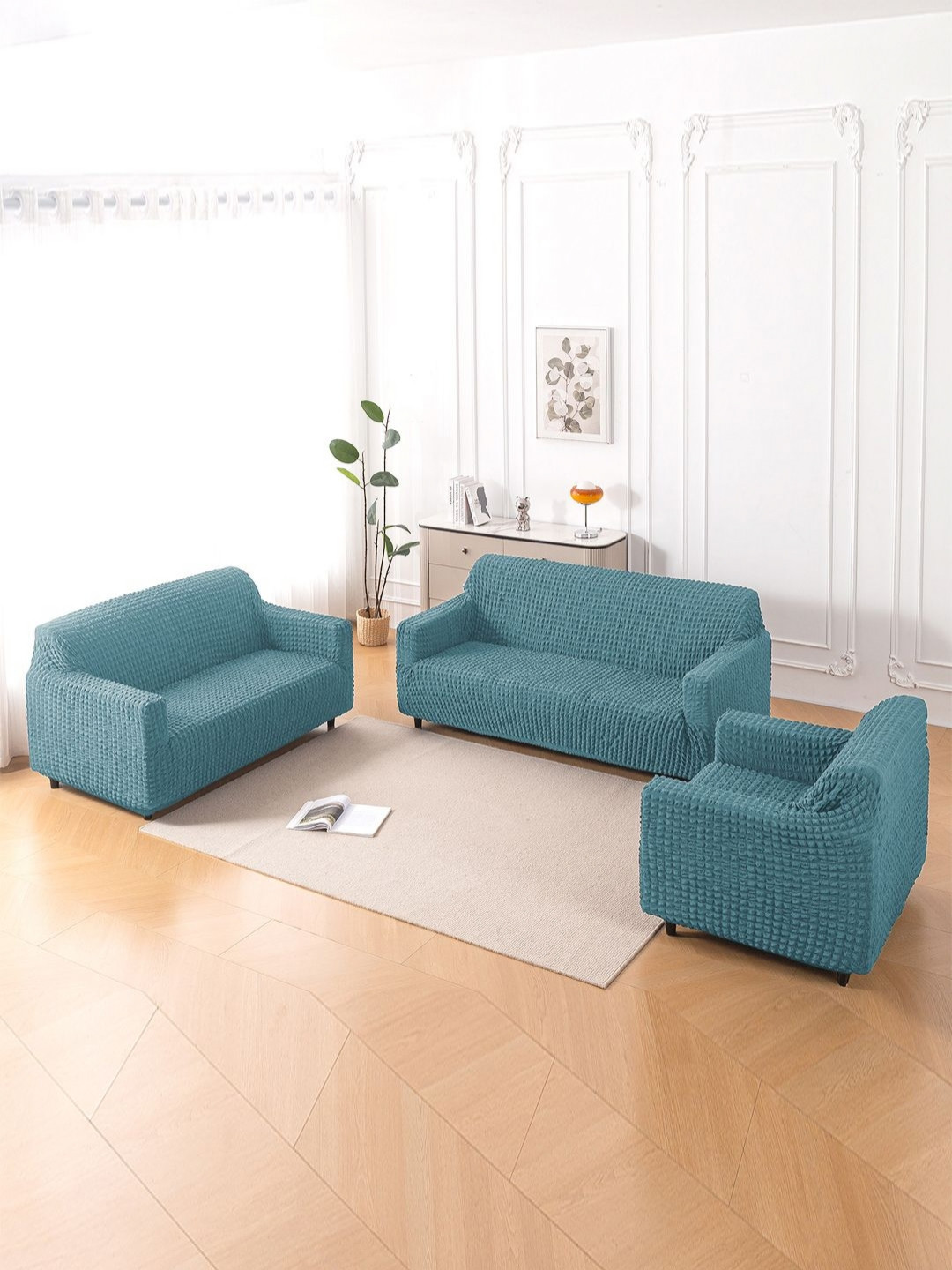 HOKIPO Aria Nova Tropical Teal 3 Pcs 6 Seater Stretchable Fully Covered Bubble Sofa Covers