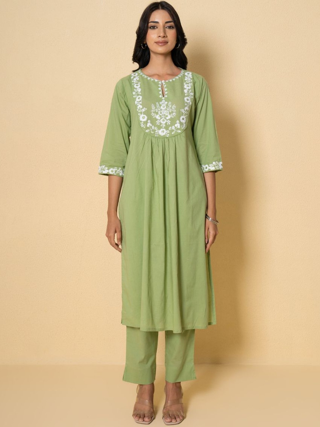 Pink Earth Women Floral Embroidered Cotton A-Line Kurta with Trousers