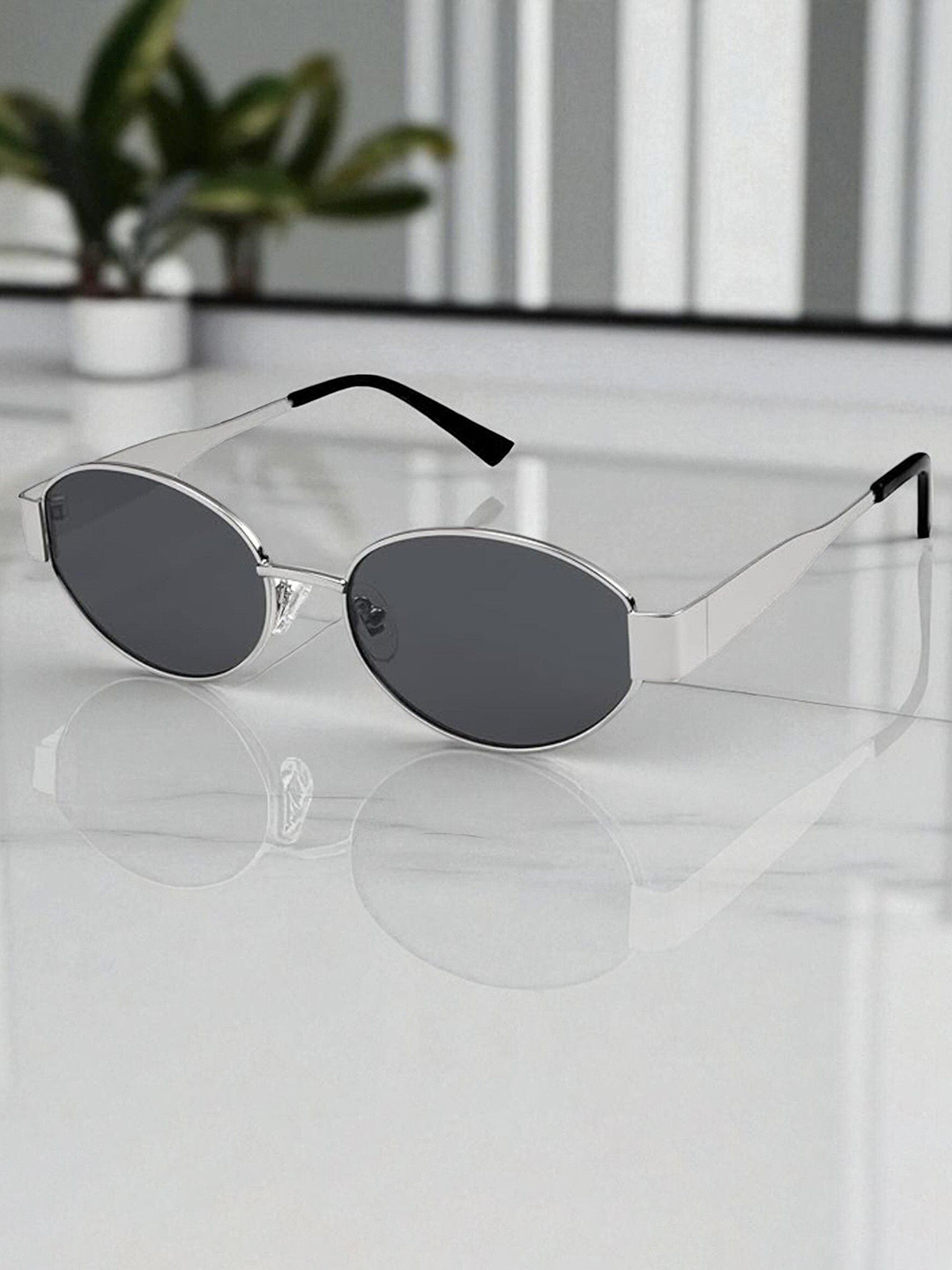 SPADEACES Unisex UV Protected Lens Oval Sunglasses SILVER BLACK OVAL -7