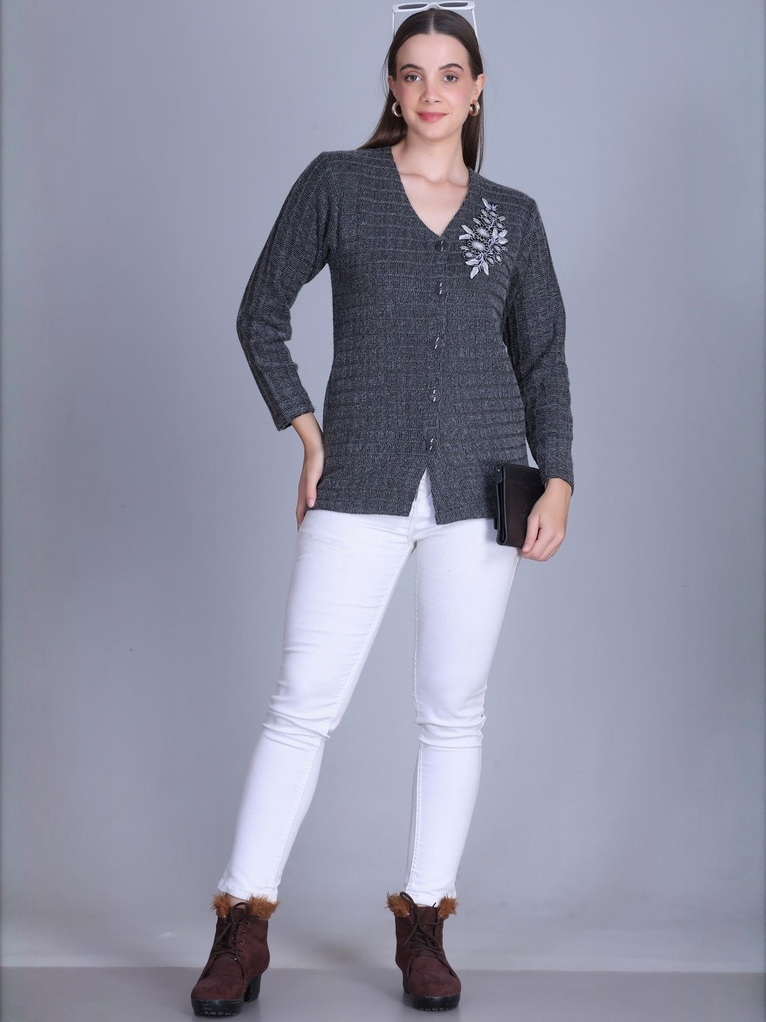 AREEMAS Women Floral Embroidered V-Neck Long Sleeves Woollen Cardigan Sweaters
