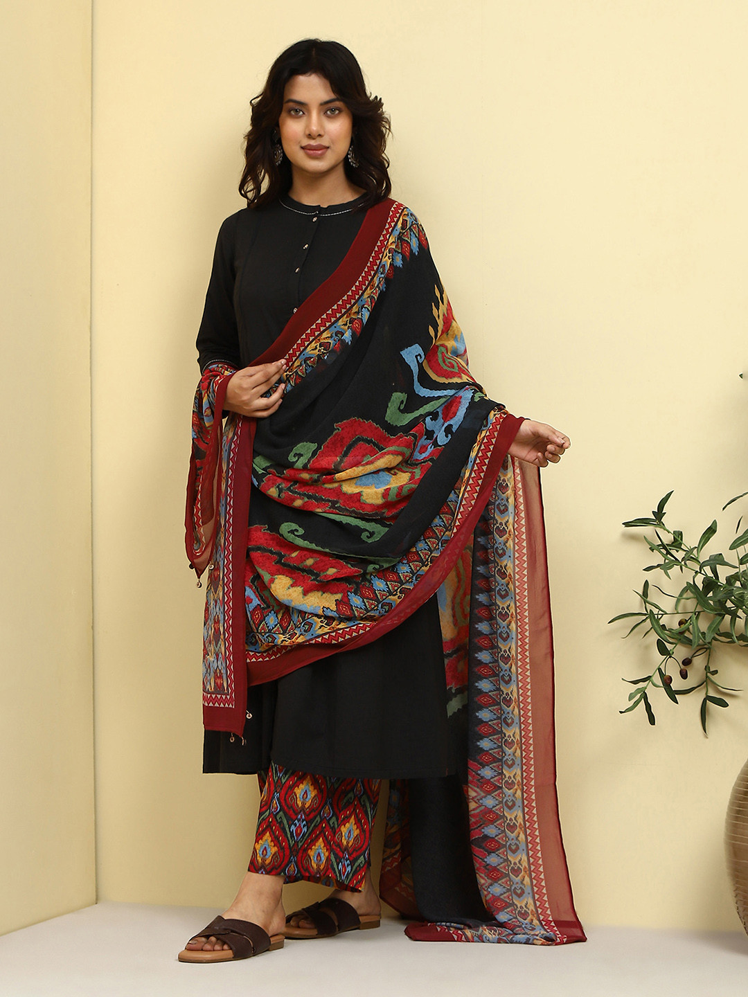 Biba Band Collar Pure Cotton Anarkali Kurta With Trousers & Dupatta