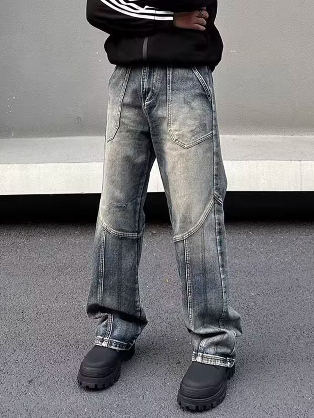 StyleCast x Revolte Men Relaxed Fit Mid-Rise Front Seam Heavy Fade Jeans