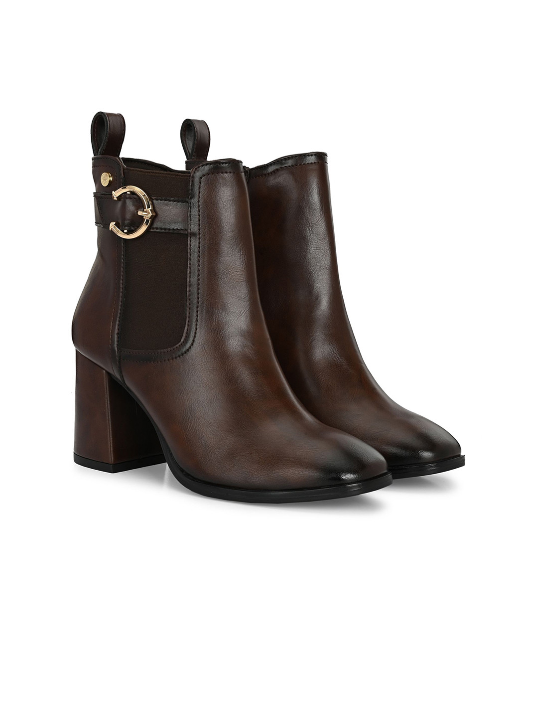 Delize Women Vegan Leather Buckle Detail High Black-Heel Monk Boots