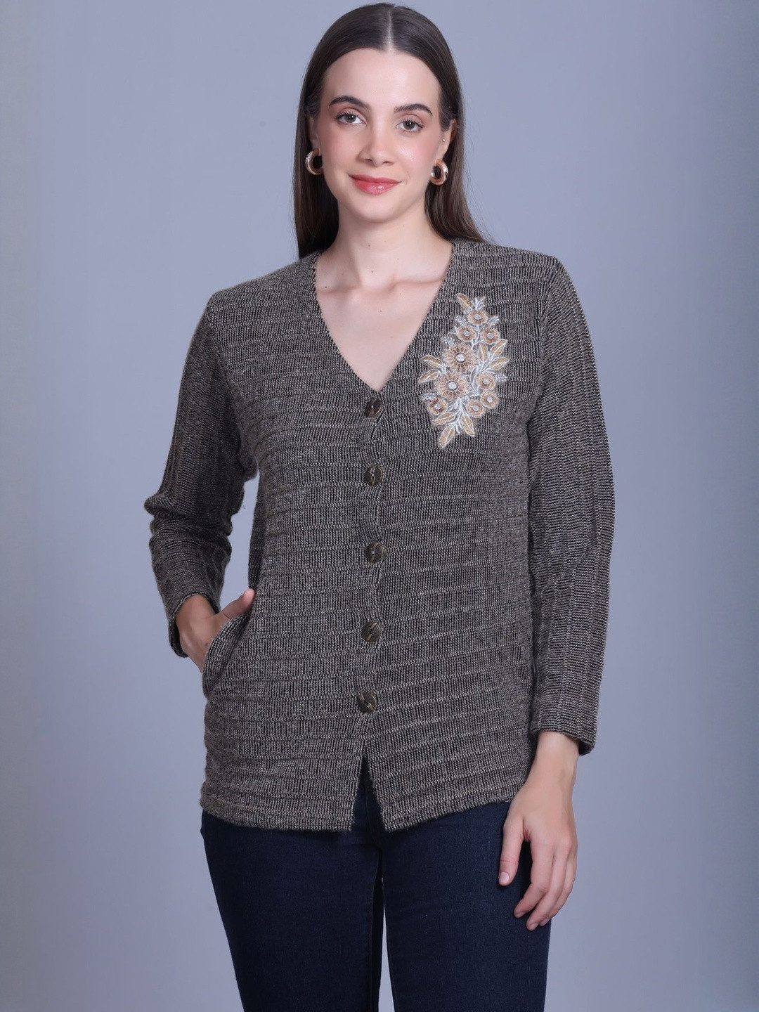 AREEMAS Self Design V-Neck Full Sleeve Top cardigan