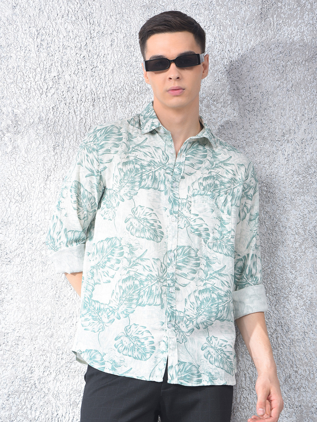 Crimsoune Club Men Printed Thread Work Mandairan Coller Roll-Up Sleeves Kurta