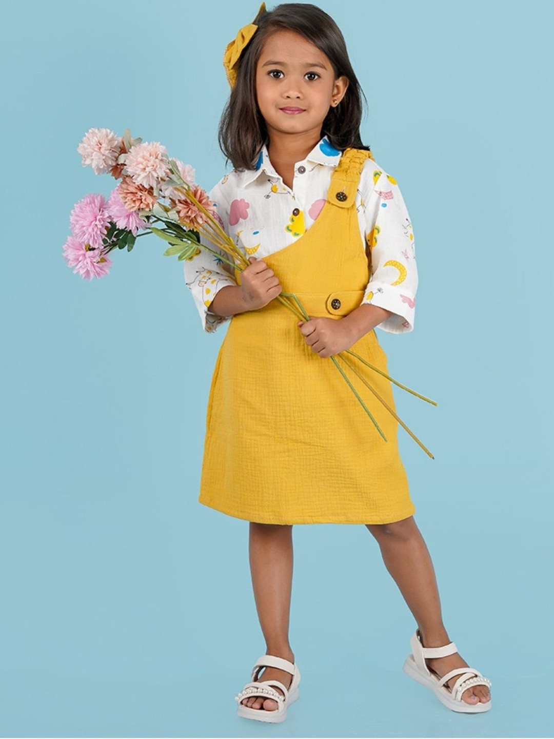 LOYZO-LOYAL TO JOY Girls Yellow Asymmetrical Cotton Muslin Dungaree Set