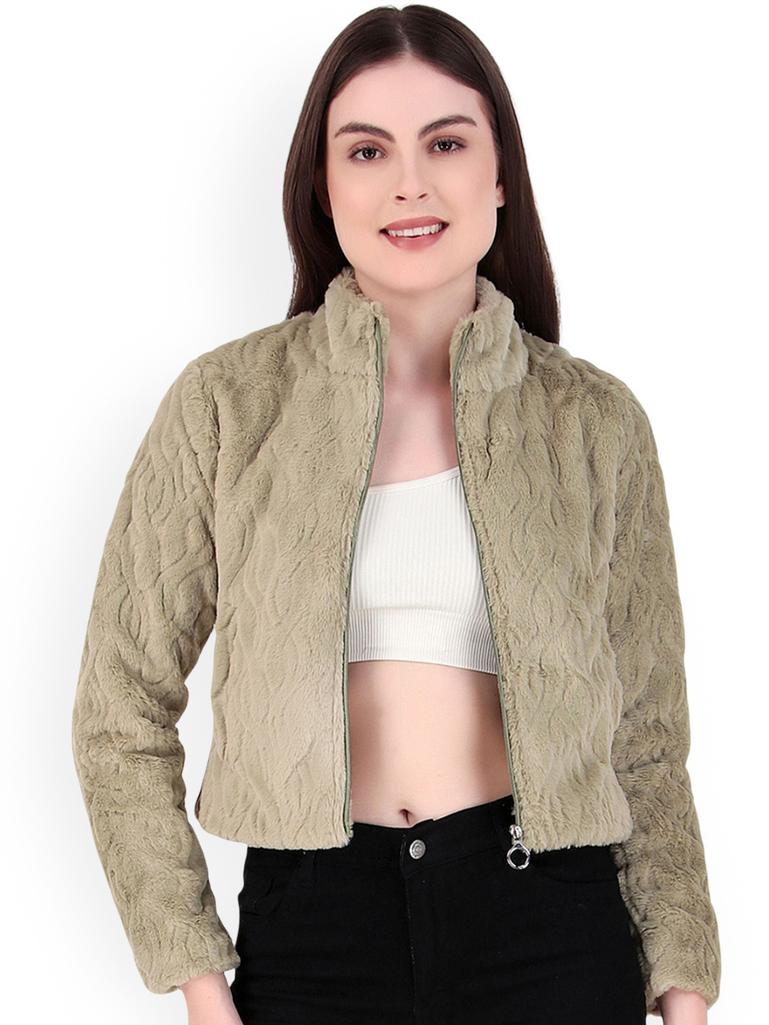Brazo Women Stand Collar Self Design Lightweight Sherpa Jacket
