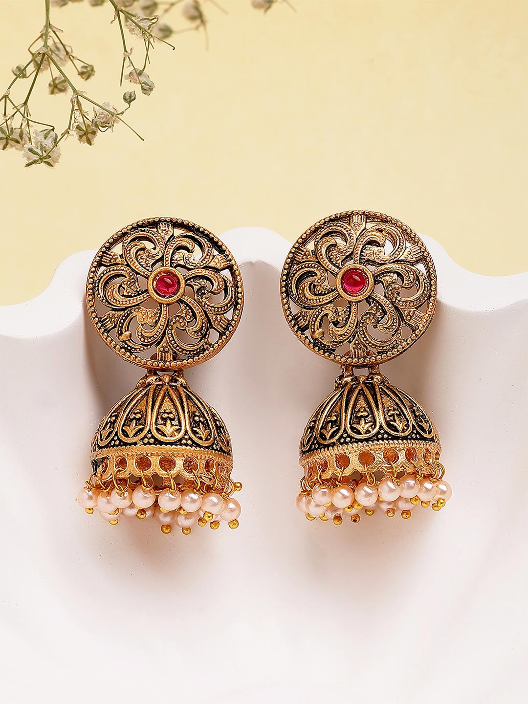 KARATCART Gold-Plated & Red Round Classic Jhumkas Earrings