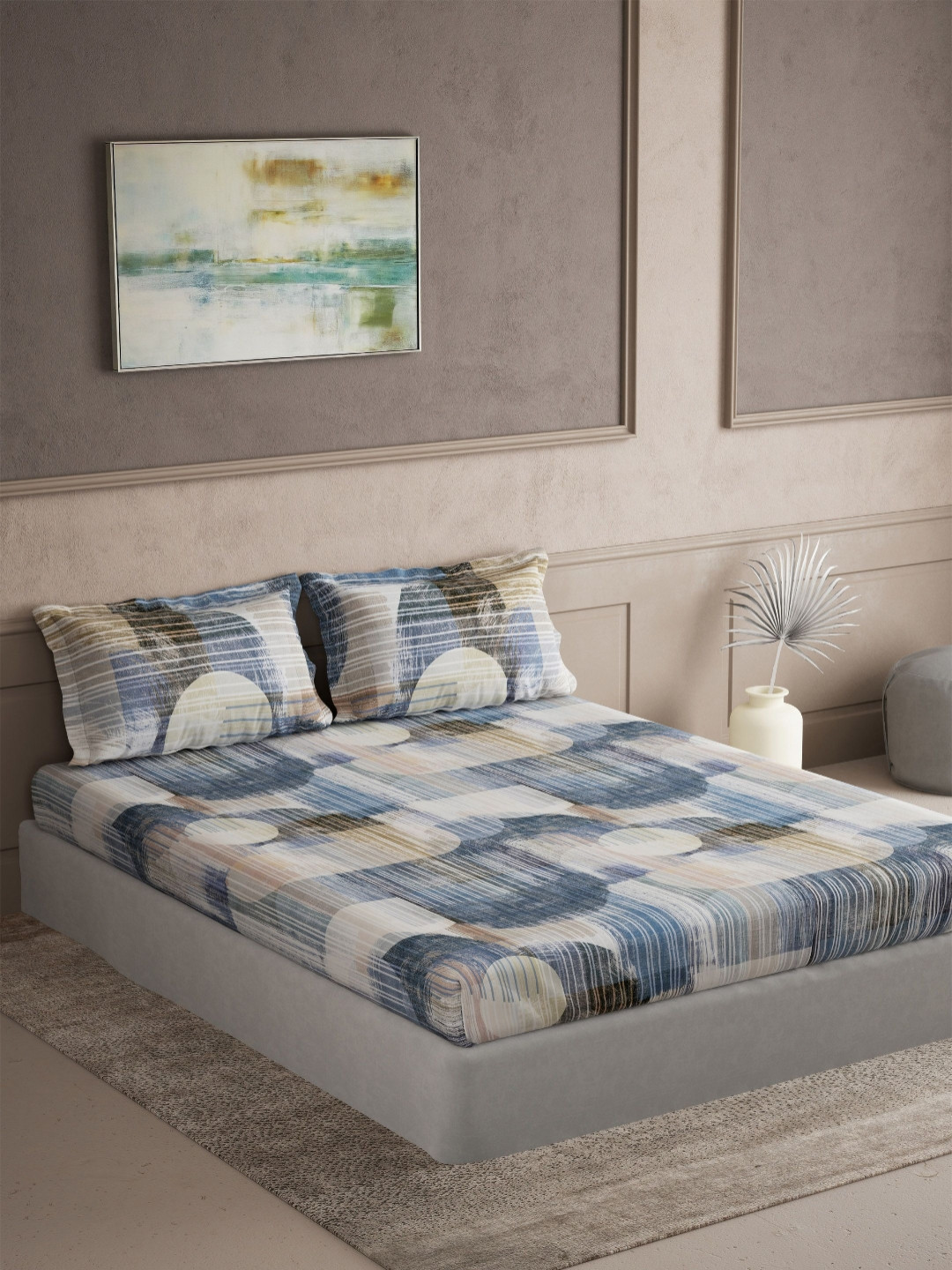 DDecor Elemental Blue Printed 145 TC Super King Pure Cotton Bedsheet Set 2.74 m X 2.74 m