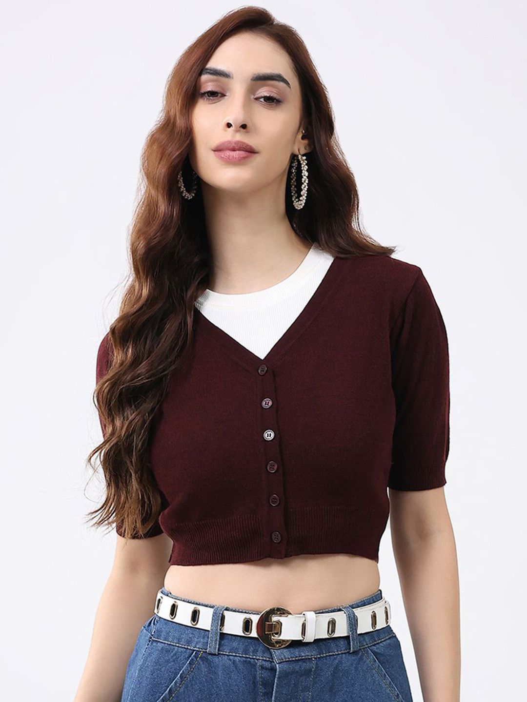 Monte Carlo Women Woollen  V Neck Half Sleeves Crop Cardigan Sweaters