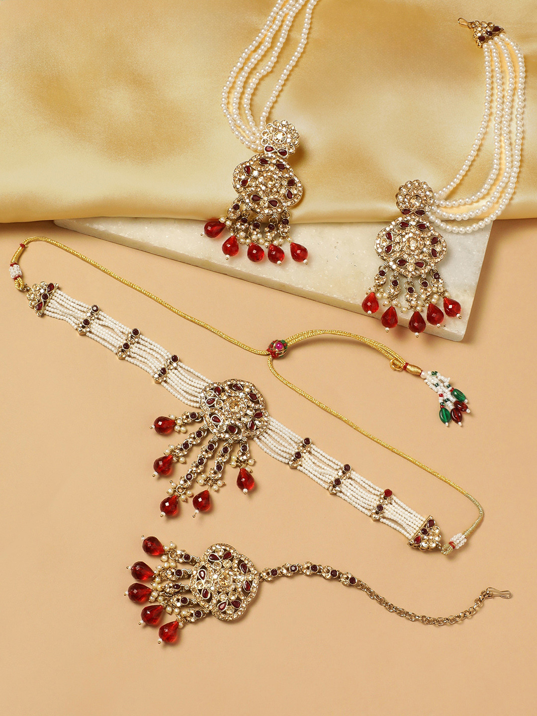 YANSHIKA Gold-Plated Stone-Studded & Beaded Jewellery Set