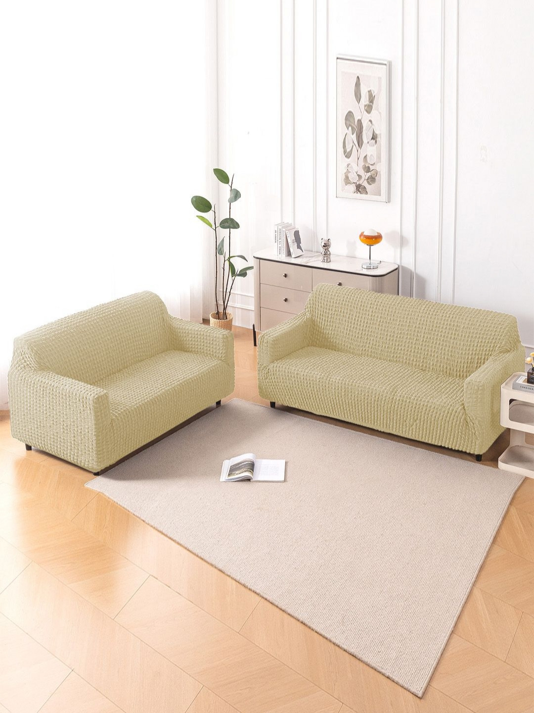 HOKIPO Aria Nova Beige 2 Pieces 280 GSM 3 Seater and 2 Seater Fully Covered Sofa Covers