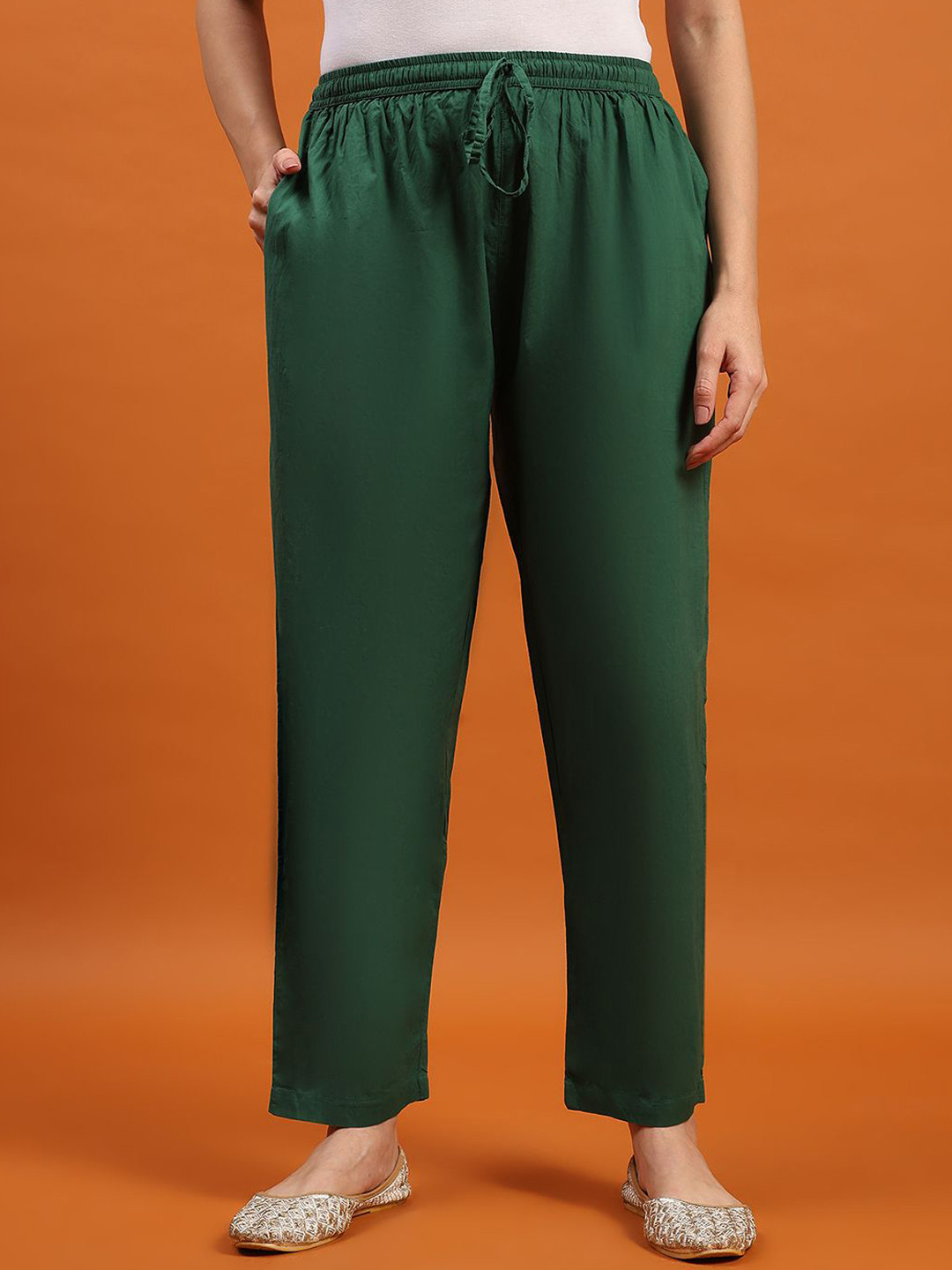 House of Chikankari Dark Green Women Regular Fit Mid-Rise Cotton Trousers