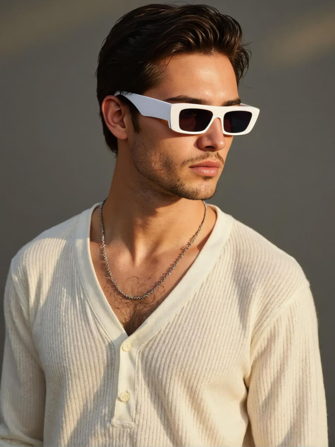 Ted Smith Unisex Browline Rectangle White Black UV Protected Sunglasses