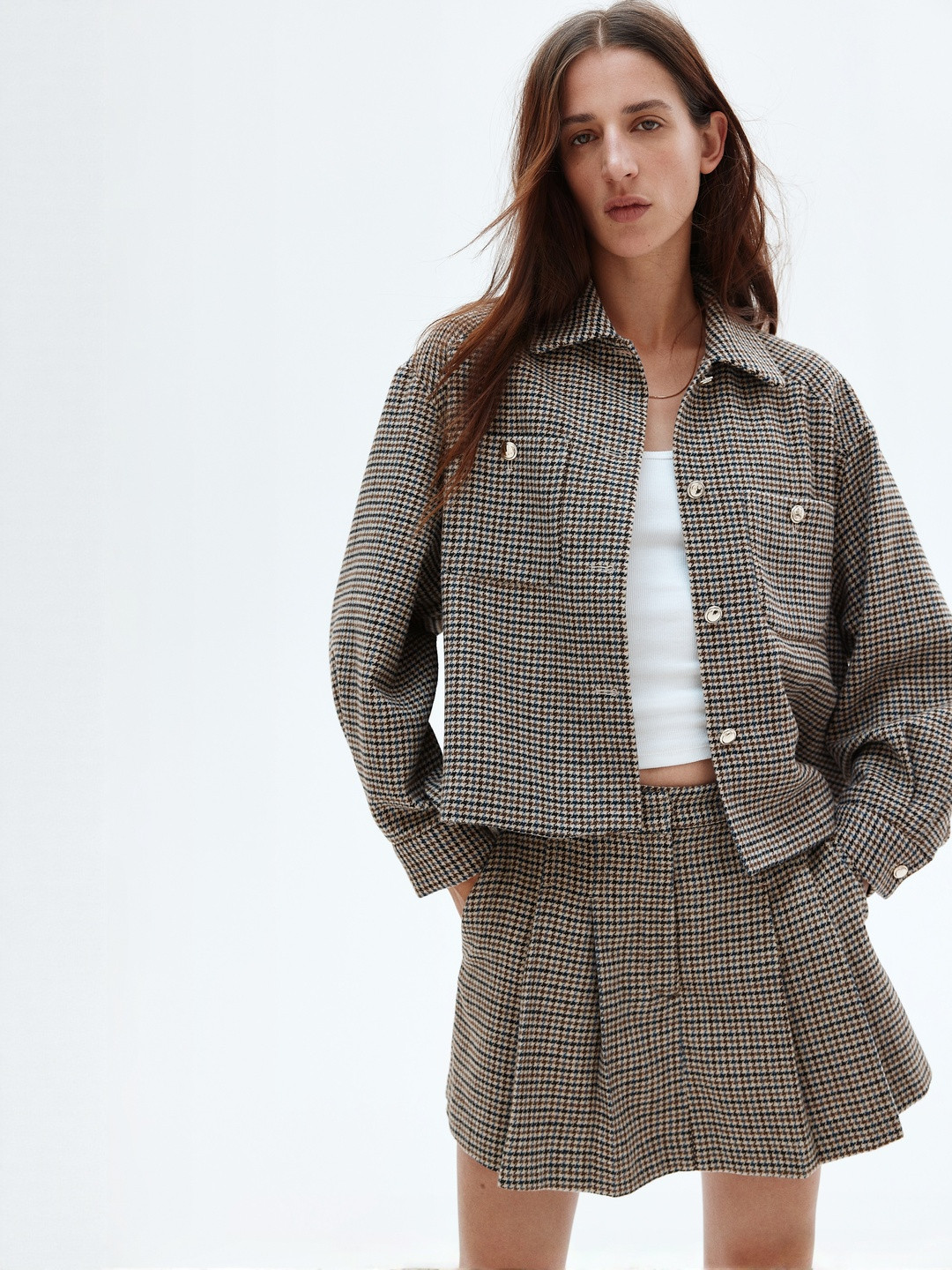 H&M Women Beige Checked Pleated Skort