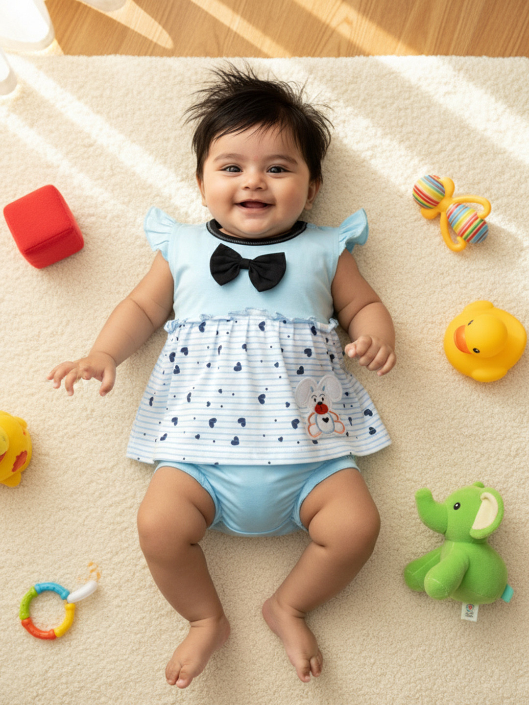 BABYMAX Infants Striped Flutter Sleeve Applique Pure Cotton Fit & Flare Dress