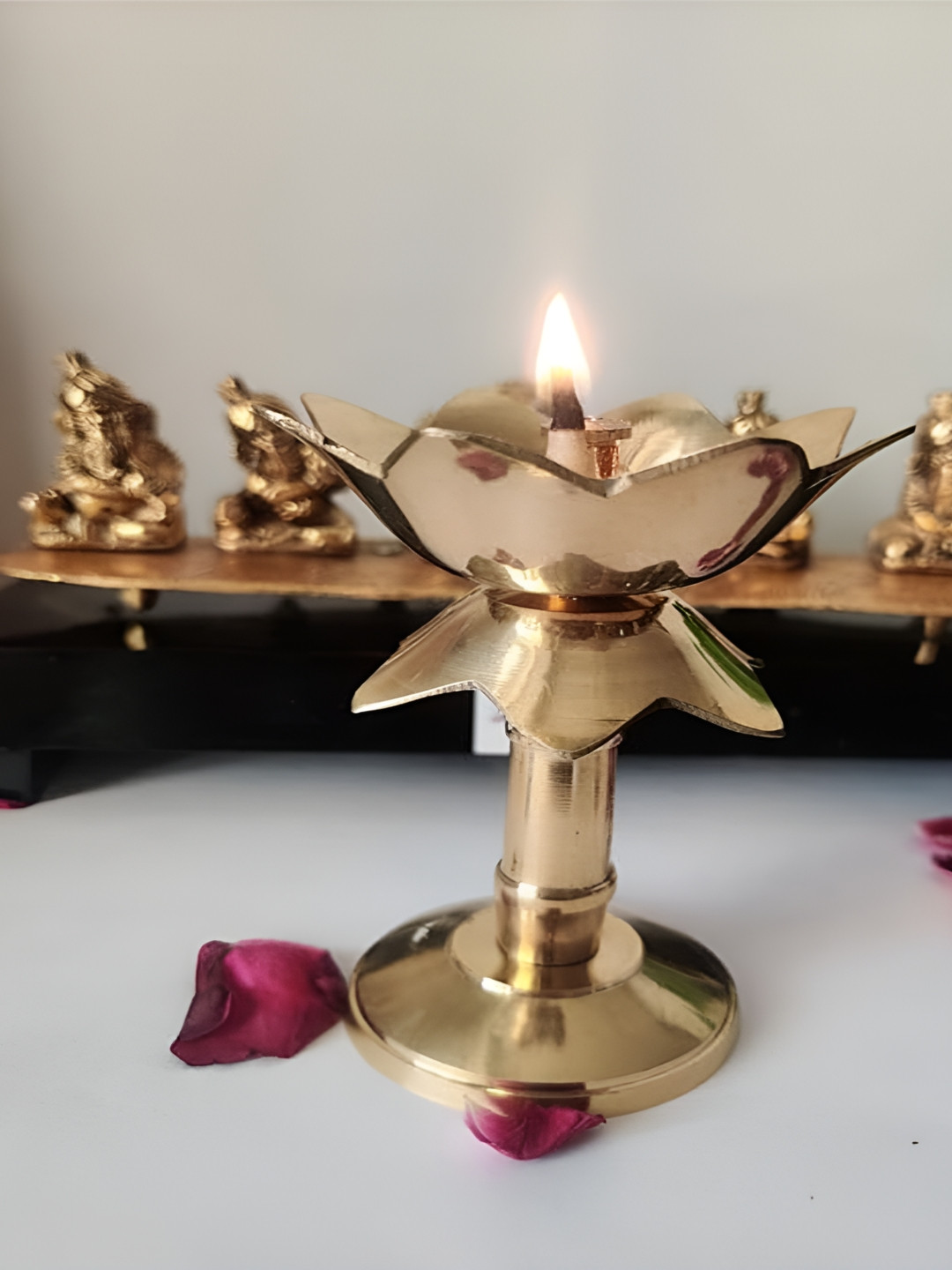Heaven Decor Yellow Pure Brass Akhand Jyothi Kamal Table Diya With Stand