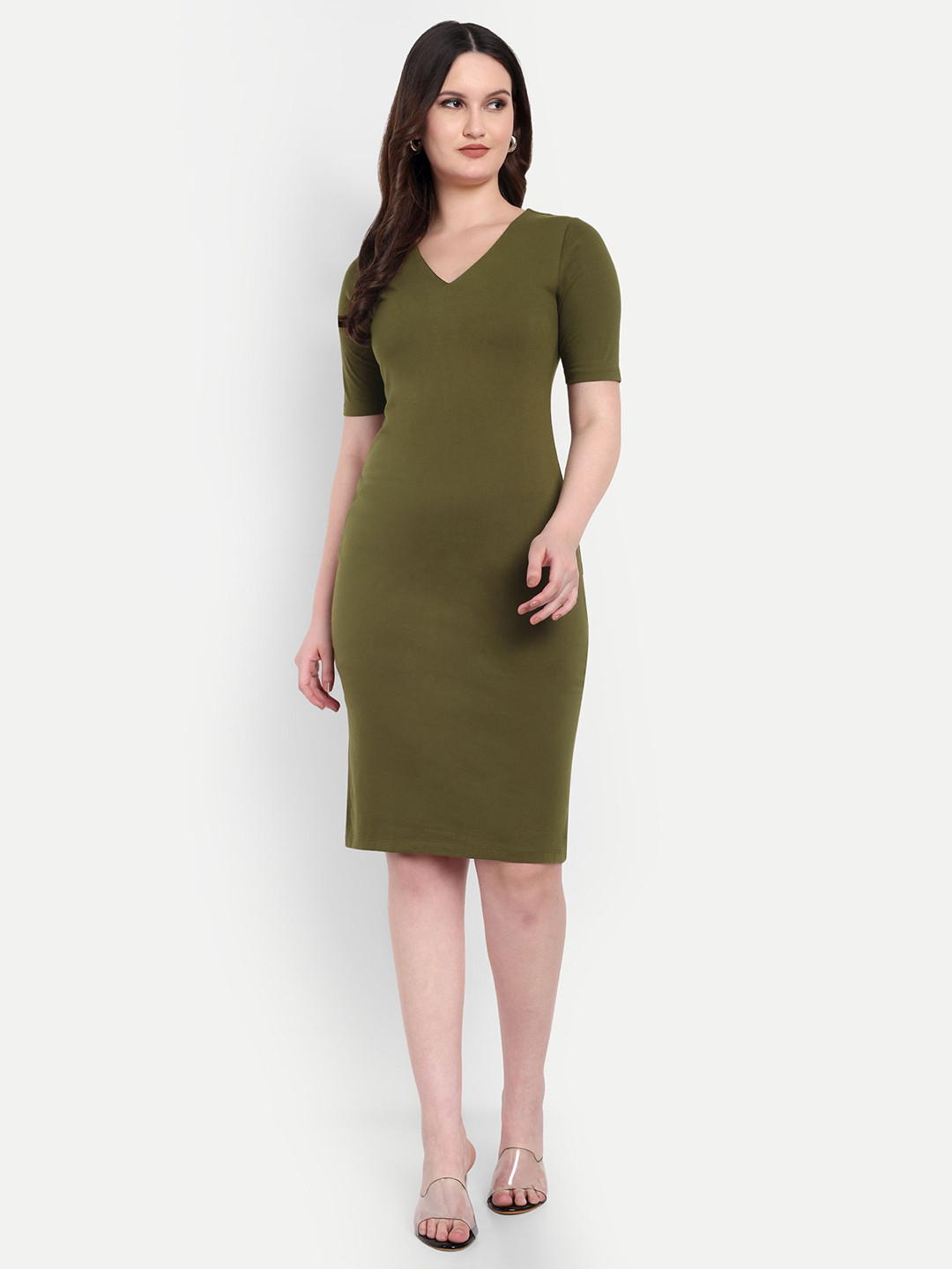 FairLeaf Women's Solid V Neck Bodycon Dress
