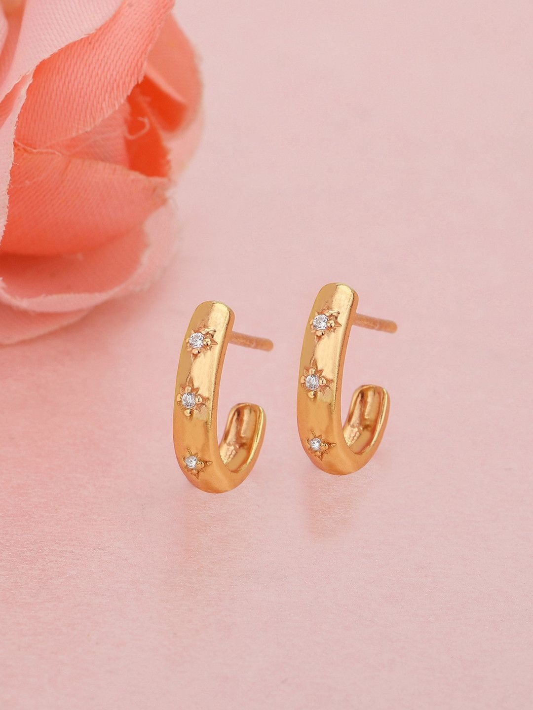 House of Pataudi 925 Sterling Silver 18 KT Rose Gold-Plated Cubic Zirconia Half Hoops