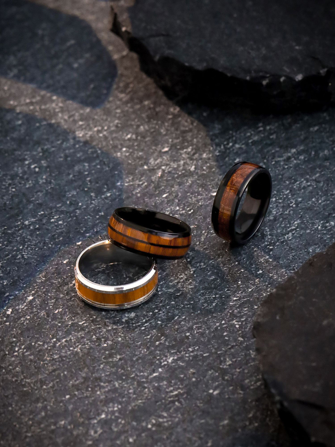 Qiroko Set Of 3 Men Stainless Steel Wooden Band Finger Rings