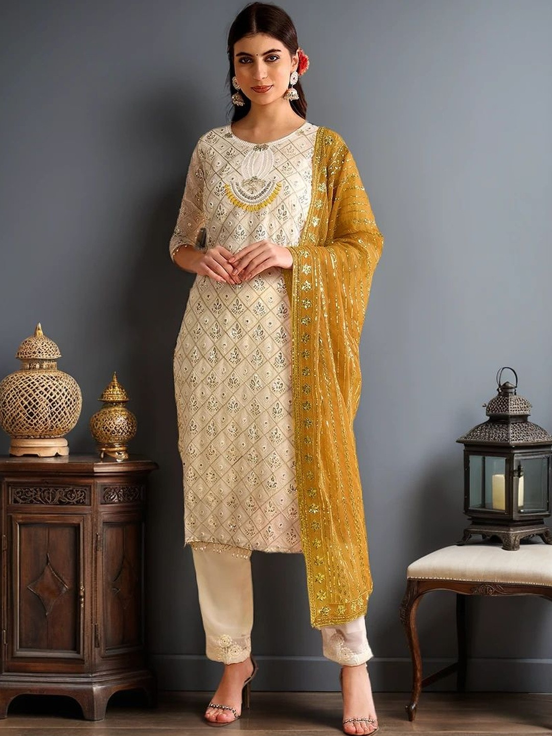 INDIAN POSHAK Women Ethnic Motifs Embroidered Kurta with Trousers & Dupatta