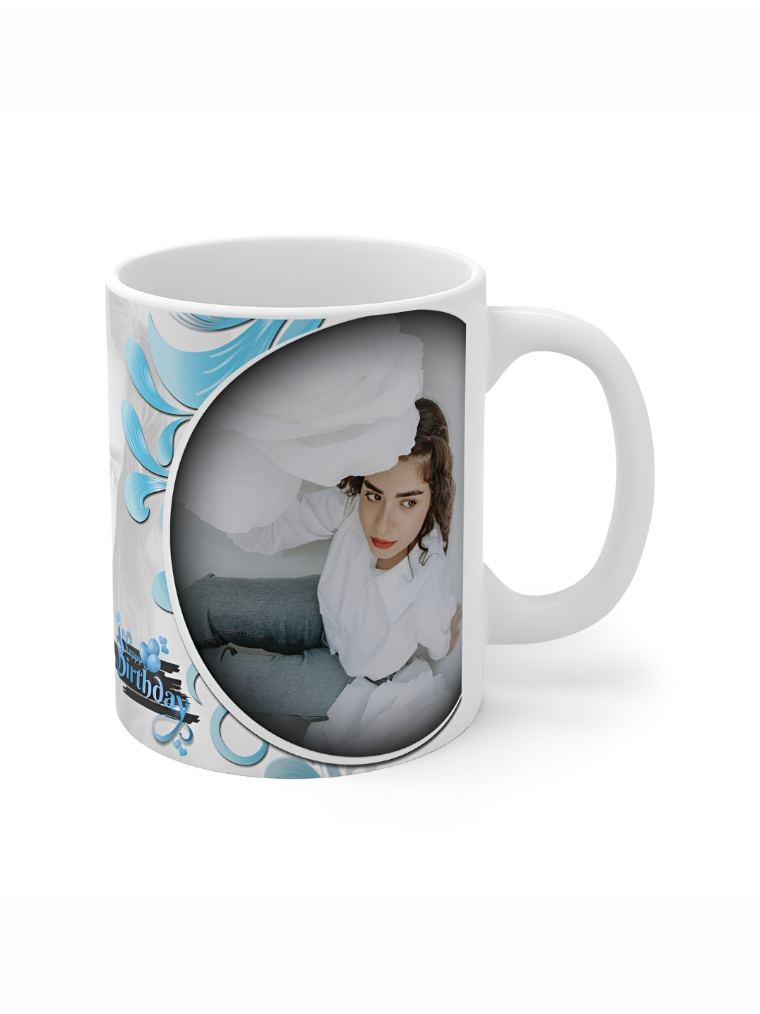 LAACO White & Blue Printed Ceramic Glossy Mug - 350 ml