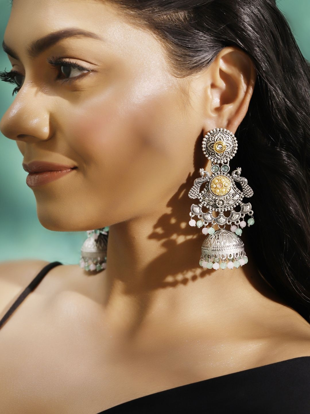 Ishin Silver-Plated Artificial Stones Studded And Beaded Dome Shaped Jhumkas