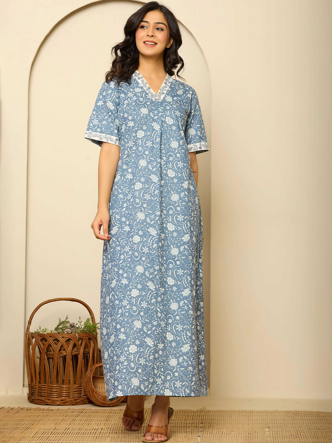 Nihsamah Women Floral Printed Premium Cotton Maxi Nightdress