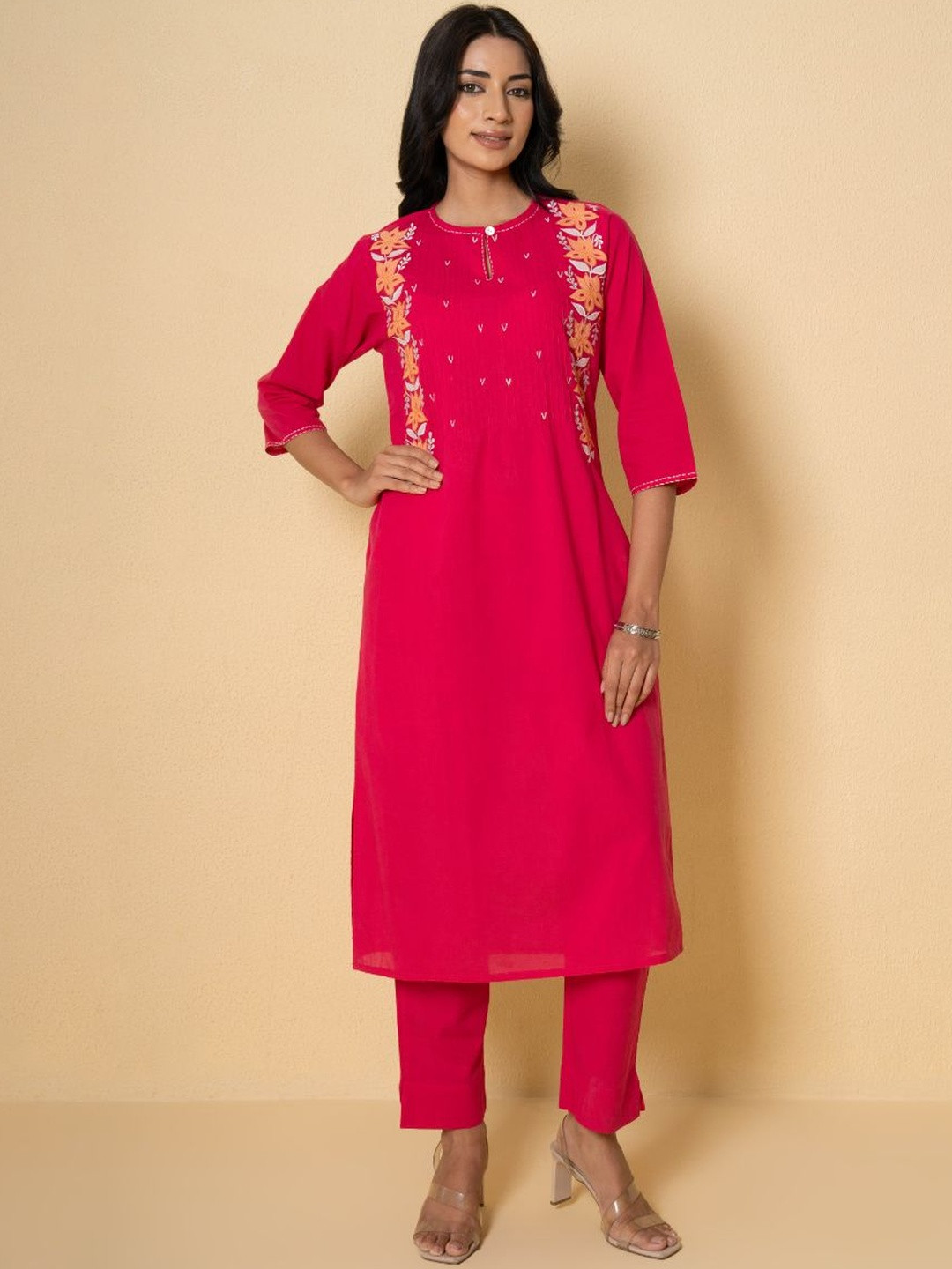 Pink Earth Floral Embroidered Round Neck Pure Cotton Kurta With Trousers