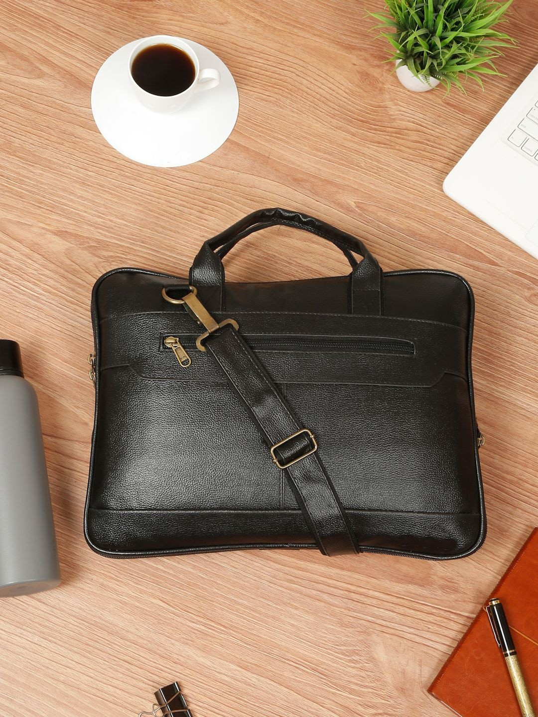 Kosher Unisex Black Faux Leather Slim Laptop Bag