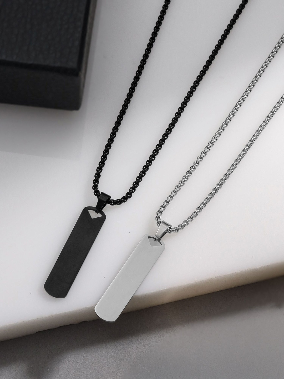 Qiroko Set Of 2 Men Stainless Steel Ractangular Bar Shaped Pendants with Chains
