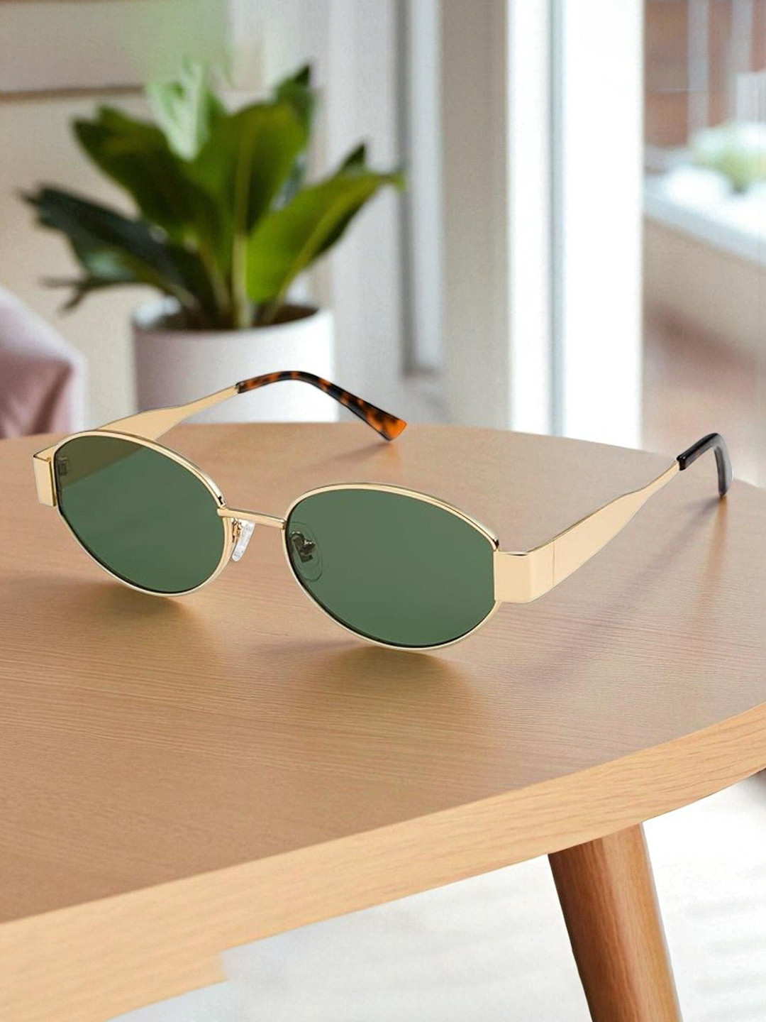 SPADEACES Unisex Rimless UV Protected Oval Sunglasses GOLD GREEN OVAL