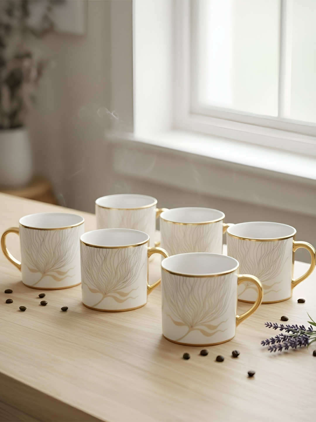 Femora White & Gold-Toned 6 Pieces Light Up Printed Ceramic Glossy Cups 180 ml