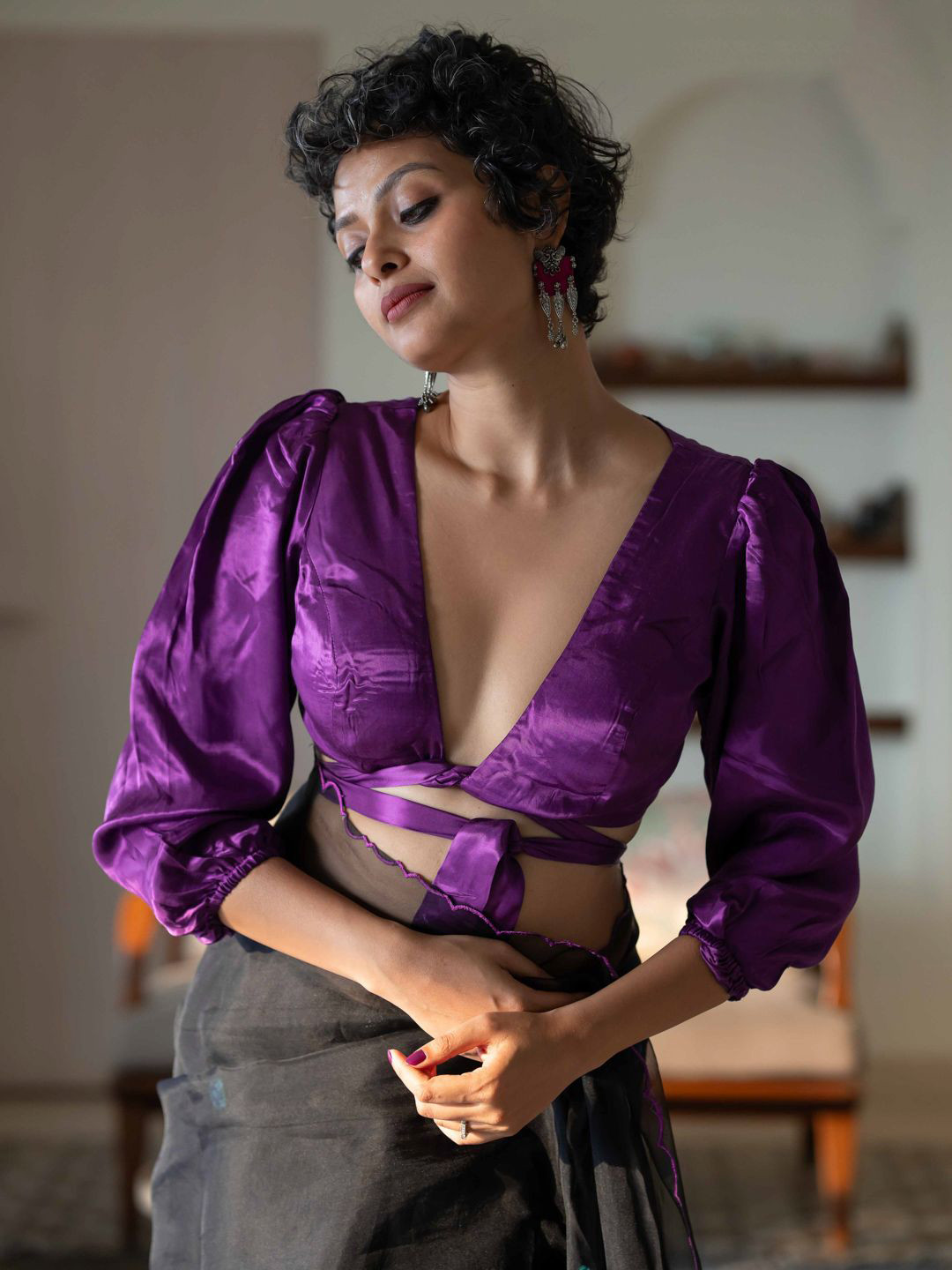 Suta Women Purple V-Neck Puff Sleeves Modal Viscose Saree Blouse