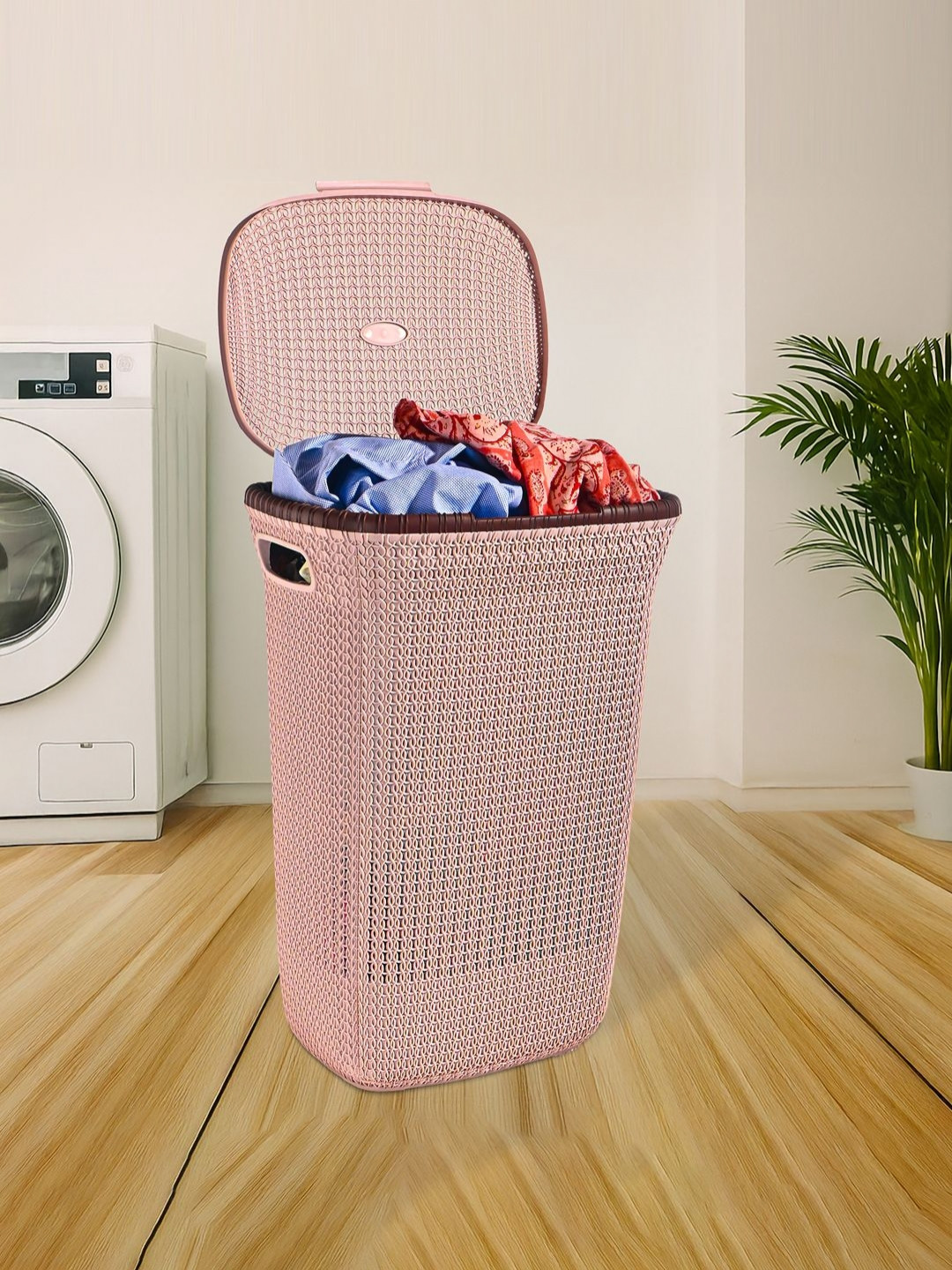 RUBOXA Pink Textured Laundry Basket with Lid & Handle