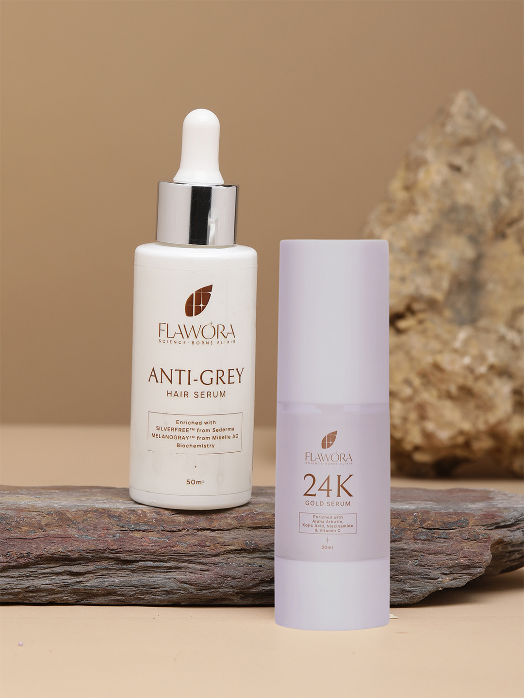 Flawora Set Of 2 24K Gold Serum 20 ml With Anti-Grey Hair Serum 50 ml