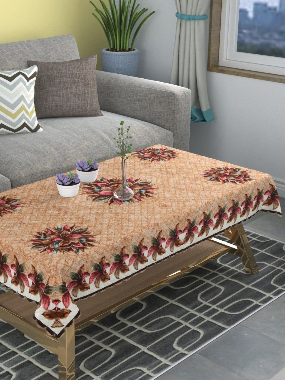 G TRADING HUB Beige Floral 4-Seater Table Cover With Textured details