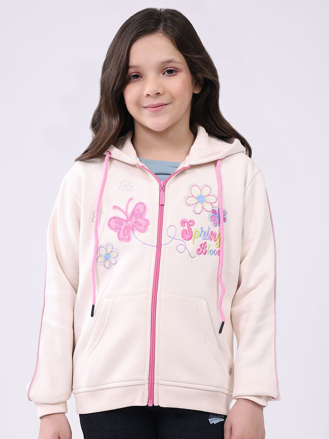 Monte Carlo Girls Floral Self Design Hooded Full Sleeves Front-Open Sweatshirt