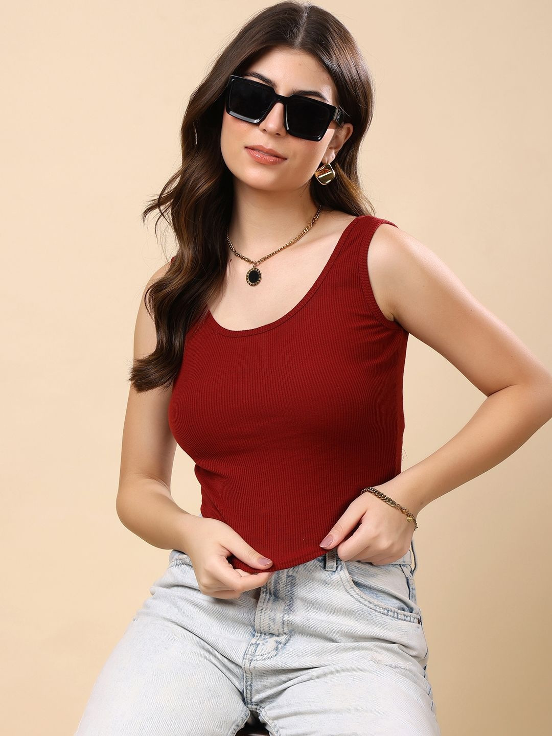 KEX Women Slim Fit Round Neck Ribbed Cotton Tank Top