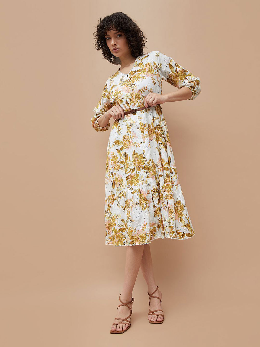 Colour Me by Melange Women Floral Print V-Neck A-Line Midi Dress