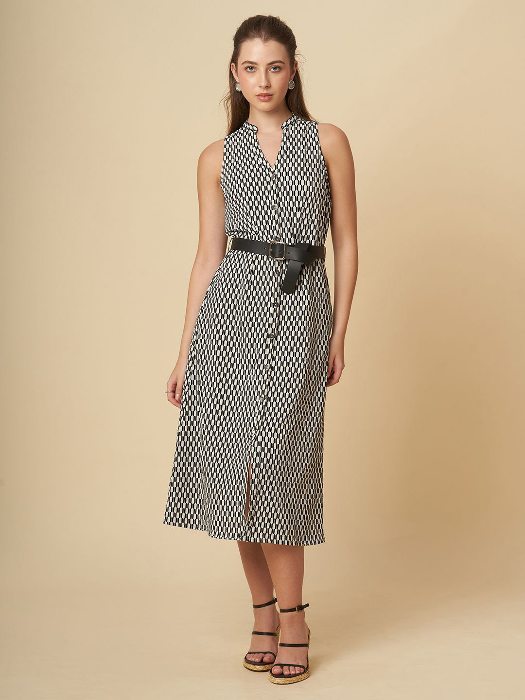 Chemistry Women Geometric Printed Mandarin Collar Sleeveless Shirt Midi Dress with Belt